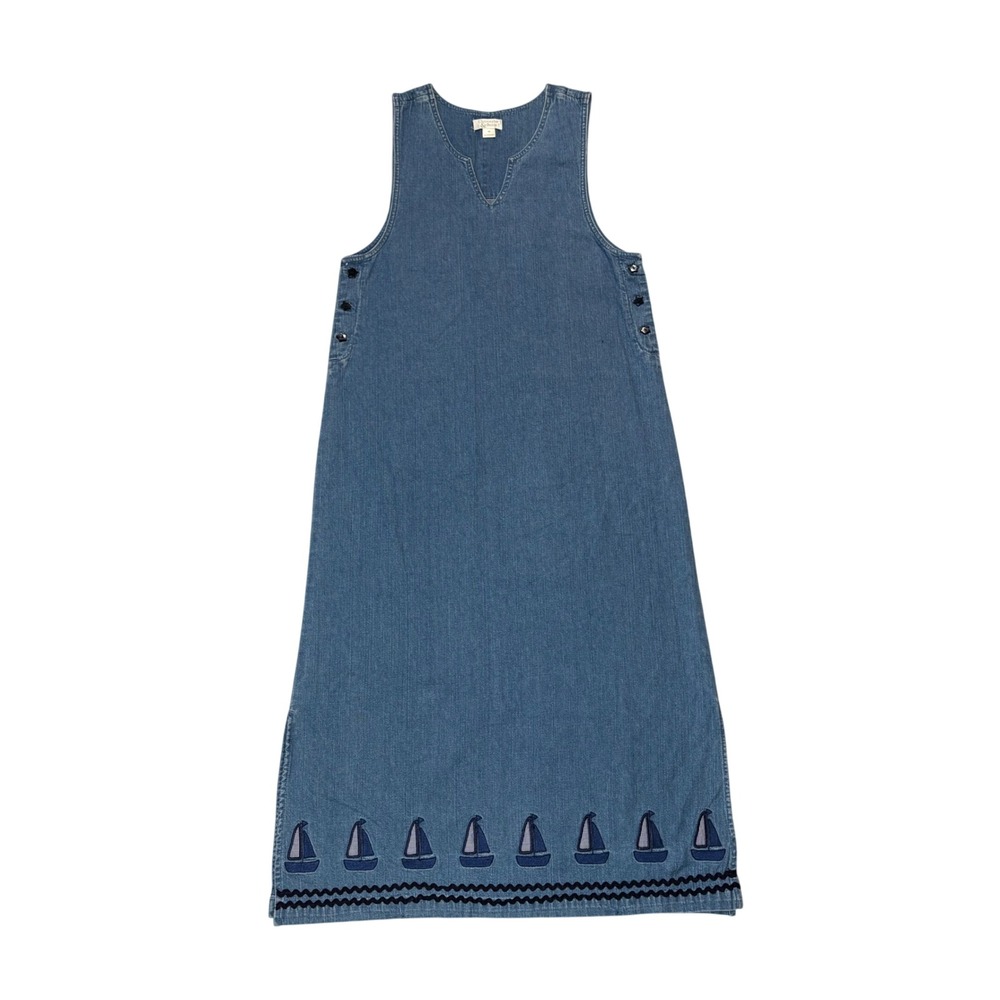 VTG Blue Denim Nautical Sailboat Embroidered Maxi Dress M Homeschool Cottagecore